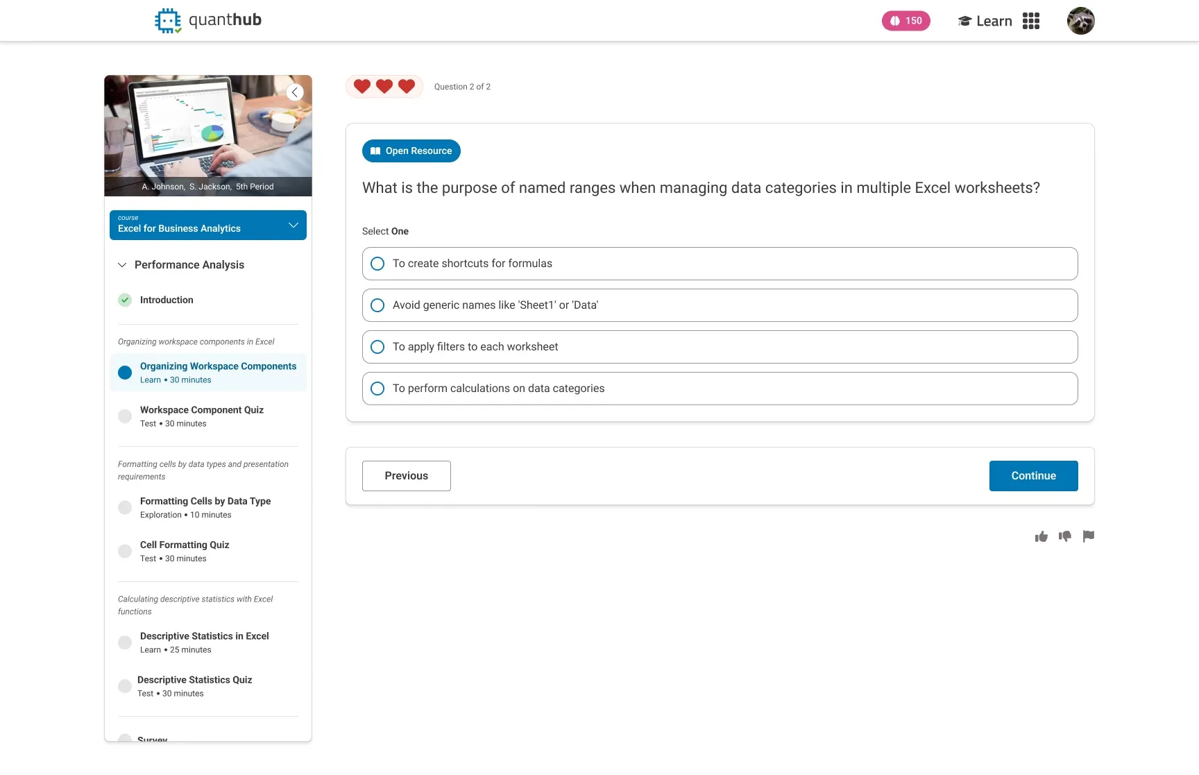QuantHub activity question screen