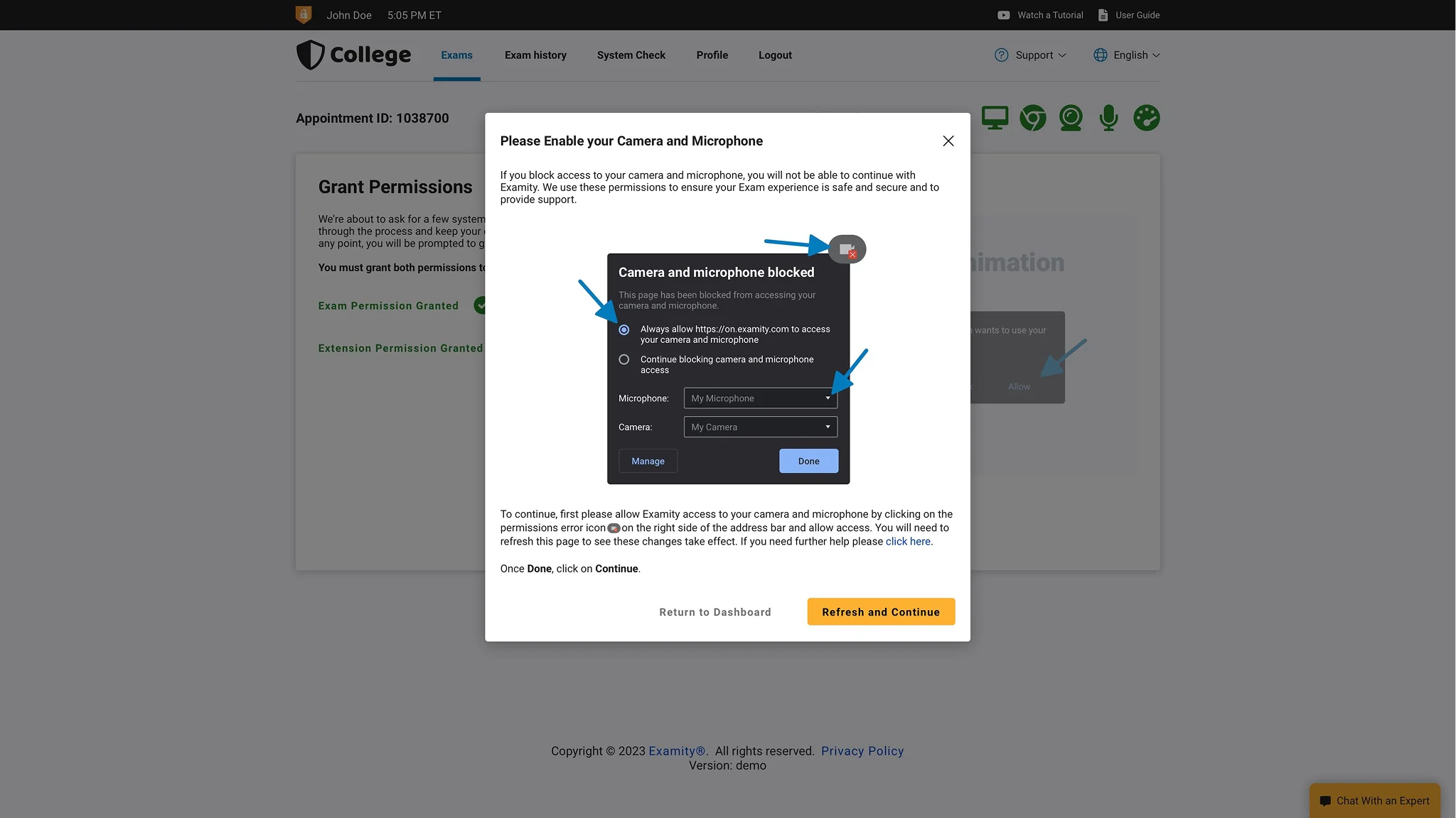 Examity enable camera and microphone screen