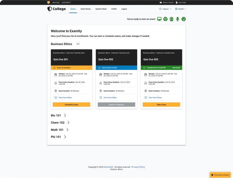 Examity test taker exams interface