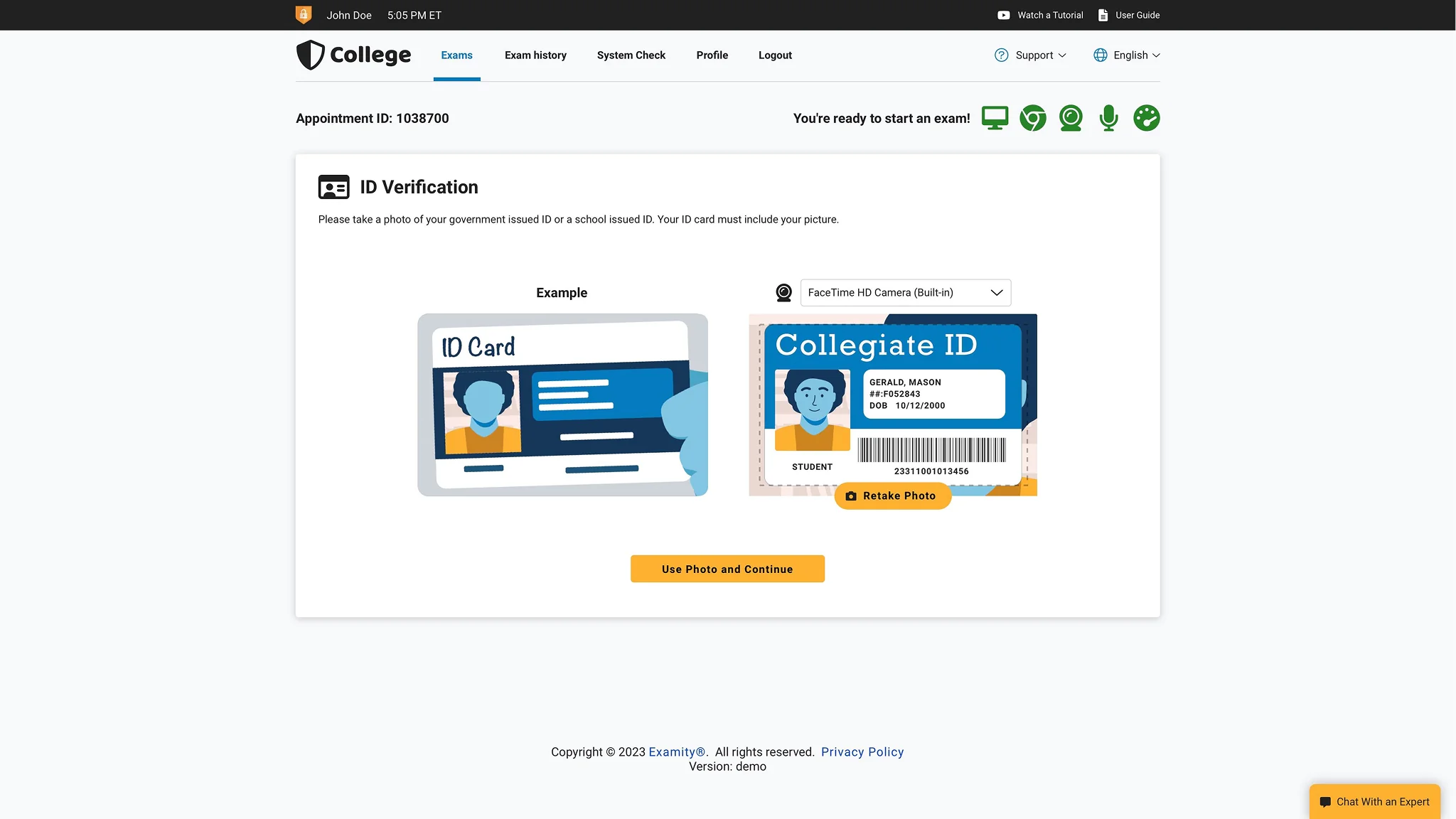 Examity identity verification screen