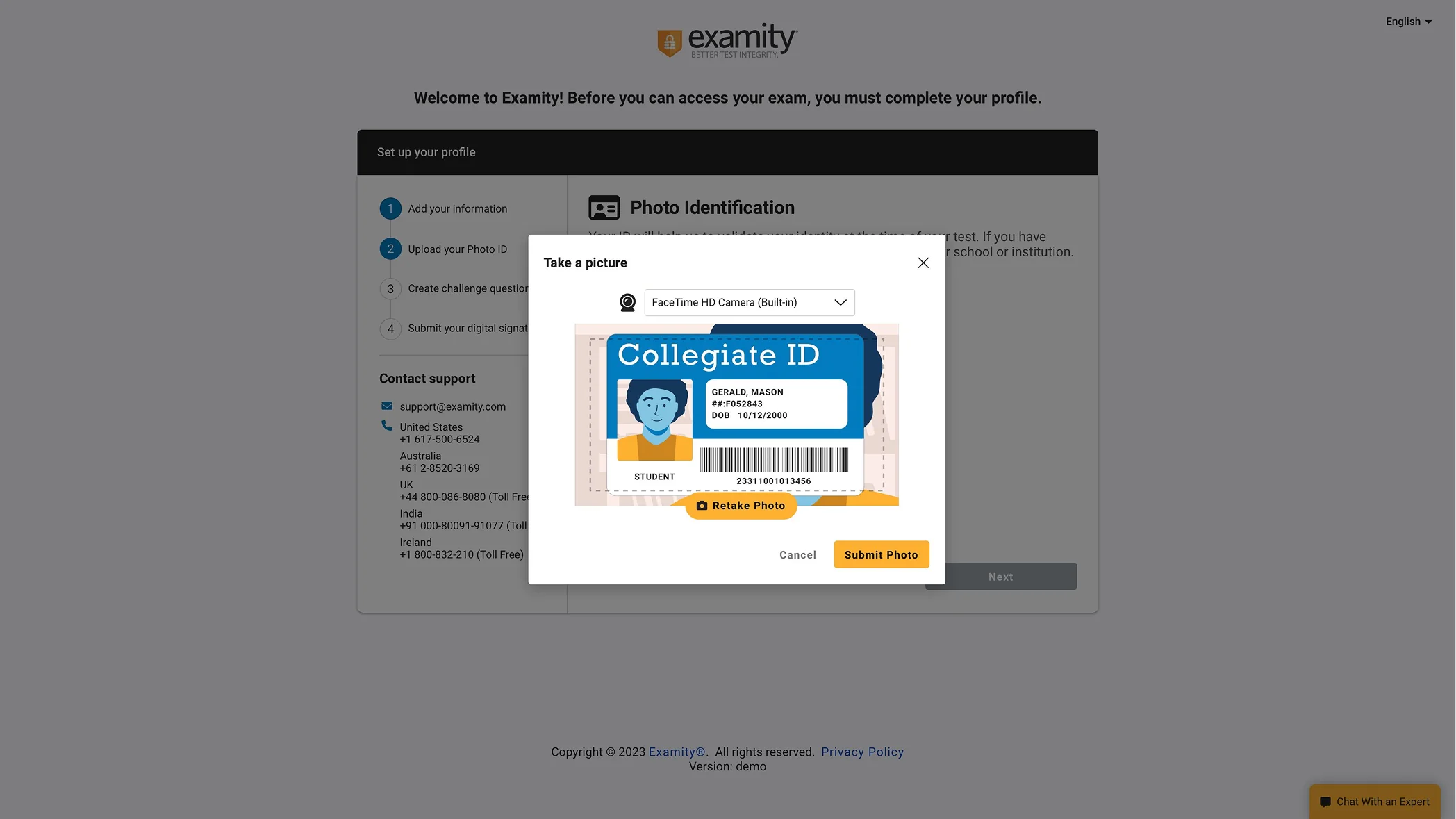 Examity photo ID capture screen