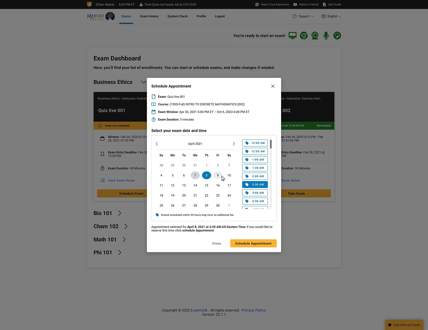 Examity exam scheduling screen