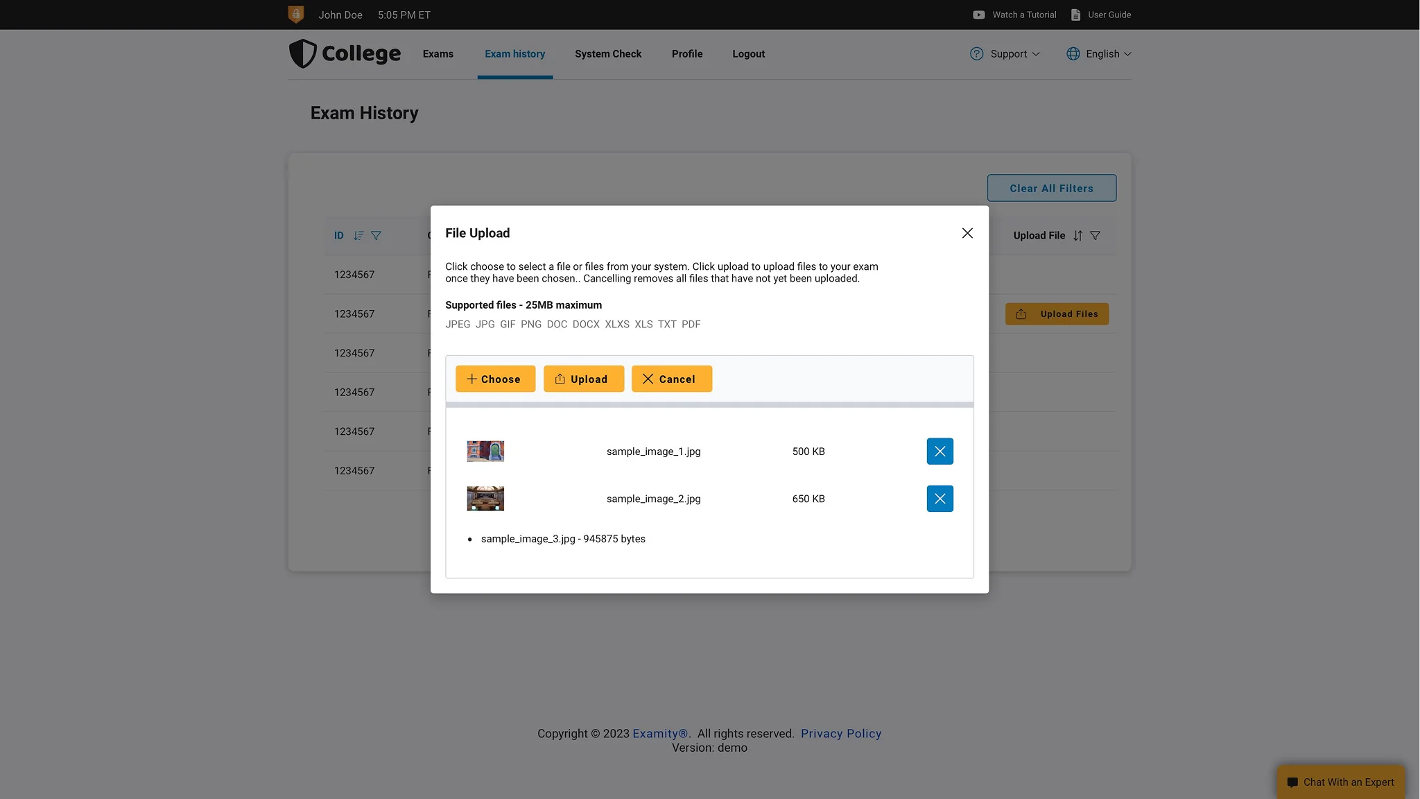 Examity upload screen