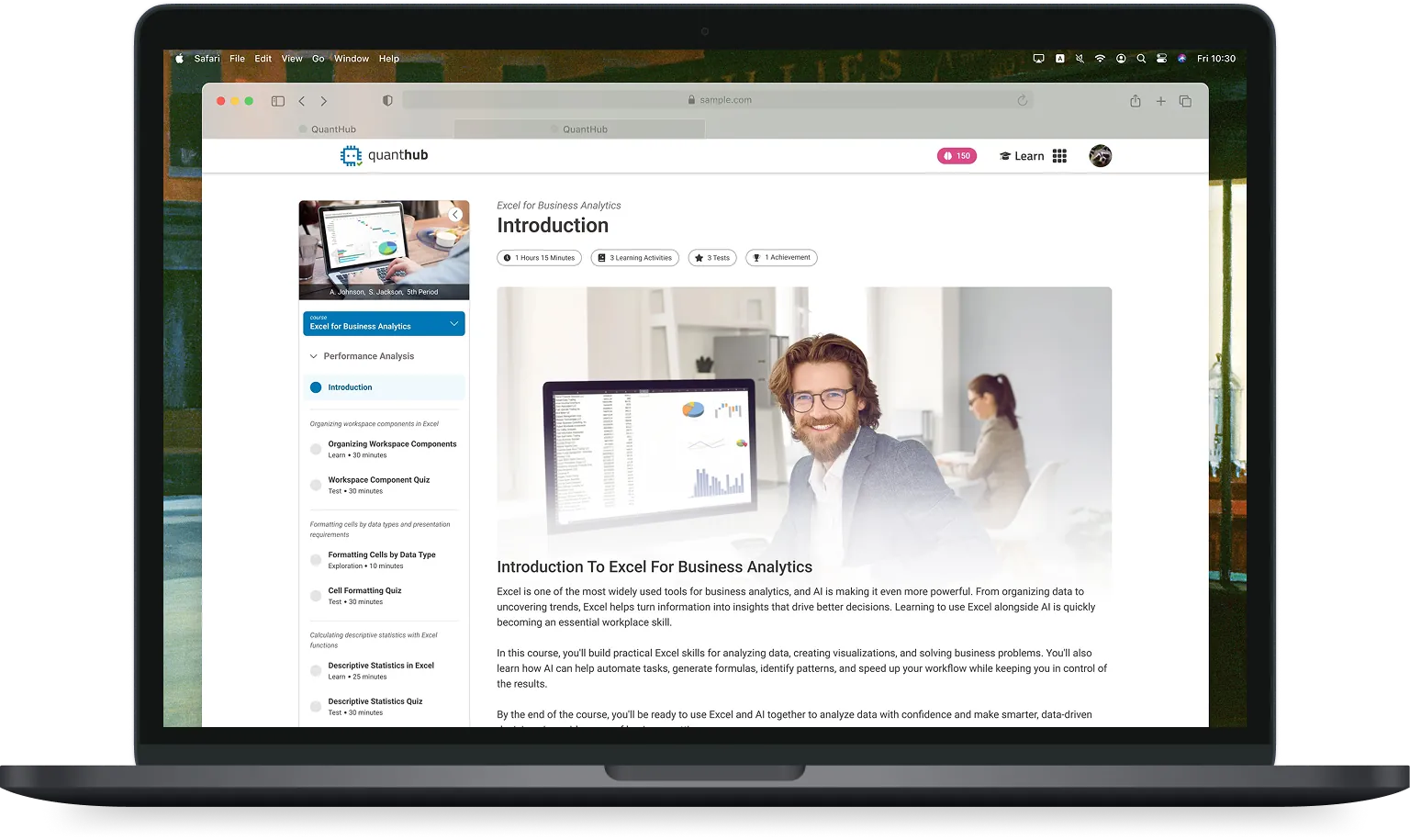 QuantHub learner experience shown on a laptop