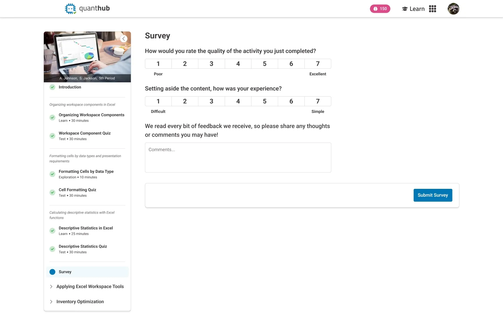 QuantHub activity survey screen